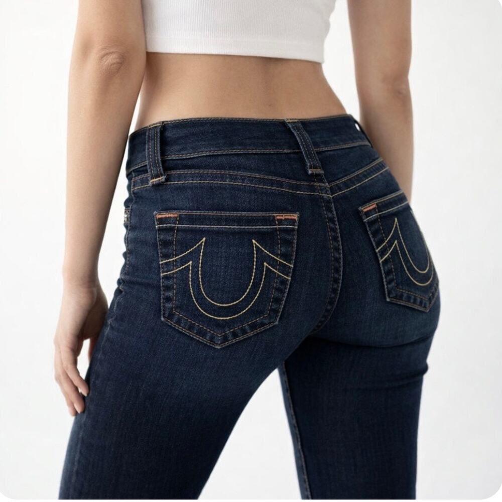 True Religion Tommy Vintage Y2K Low Rise Dark Wash Orange Stitched Bootcut Jean